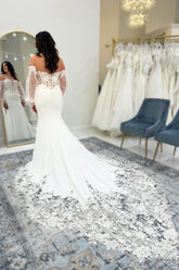 Fabulous White Lace Mermaid V-Neck Off-The-Shoulder Long Sleeves Cathedral Train Satin Wedding Dresses